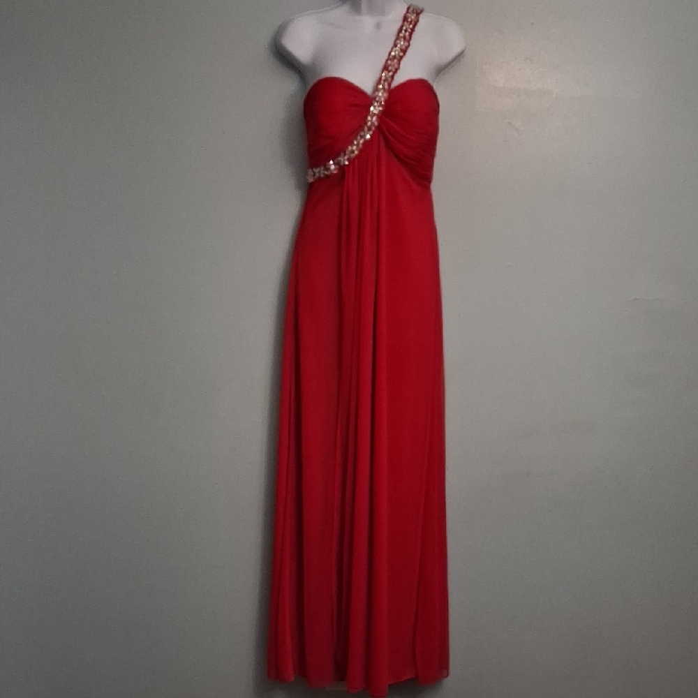 CACH'E size 12 women's red maxi dress strapless one shoulder with rhinestones.